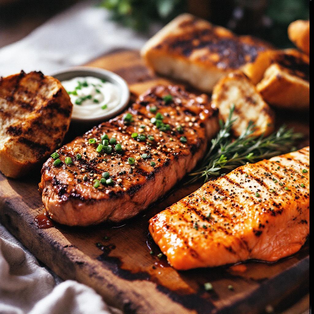 Steak, Lachs verfeinert mit Kräutern und Pfeffer, dazu Dip