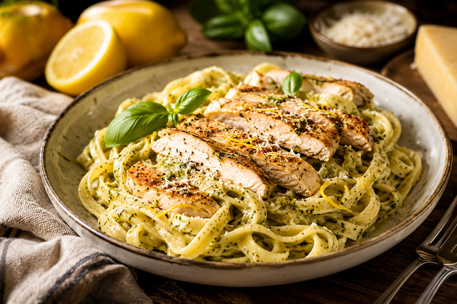 Cremige Zitronen-Hähnchen-Pasta mit Pesto Limone