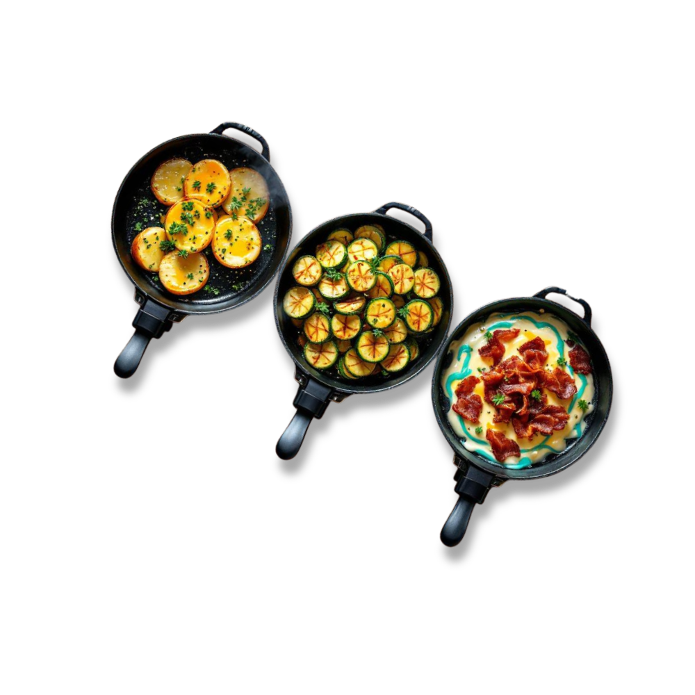 raclettepfännchen mit kartoffeln, zucchini, fleisch