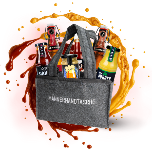 männerhandtasche mit saucen und bier