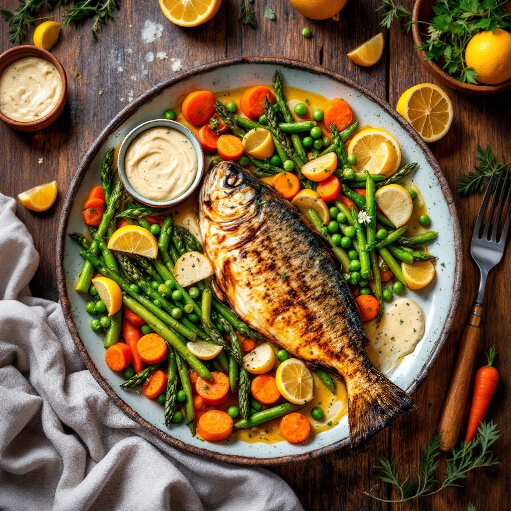 gebratener fisch auf gemüsebett