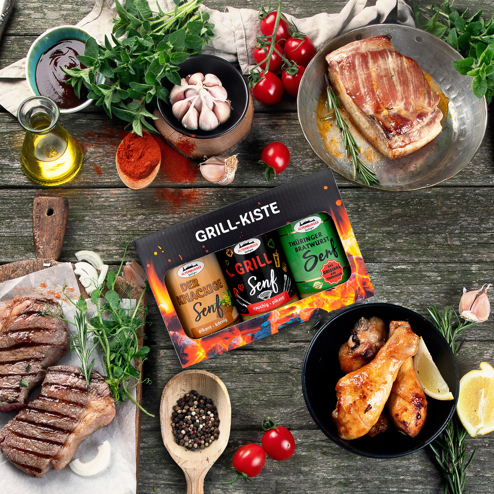 Grill-Kiste-Senf-furs-Grillen Grillkiste gefüllt mit Knackigem Senf, Rauchigem Senf und würzigem Senf