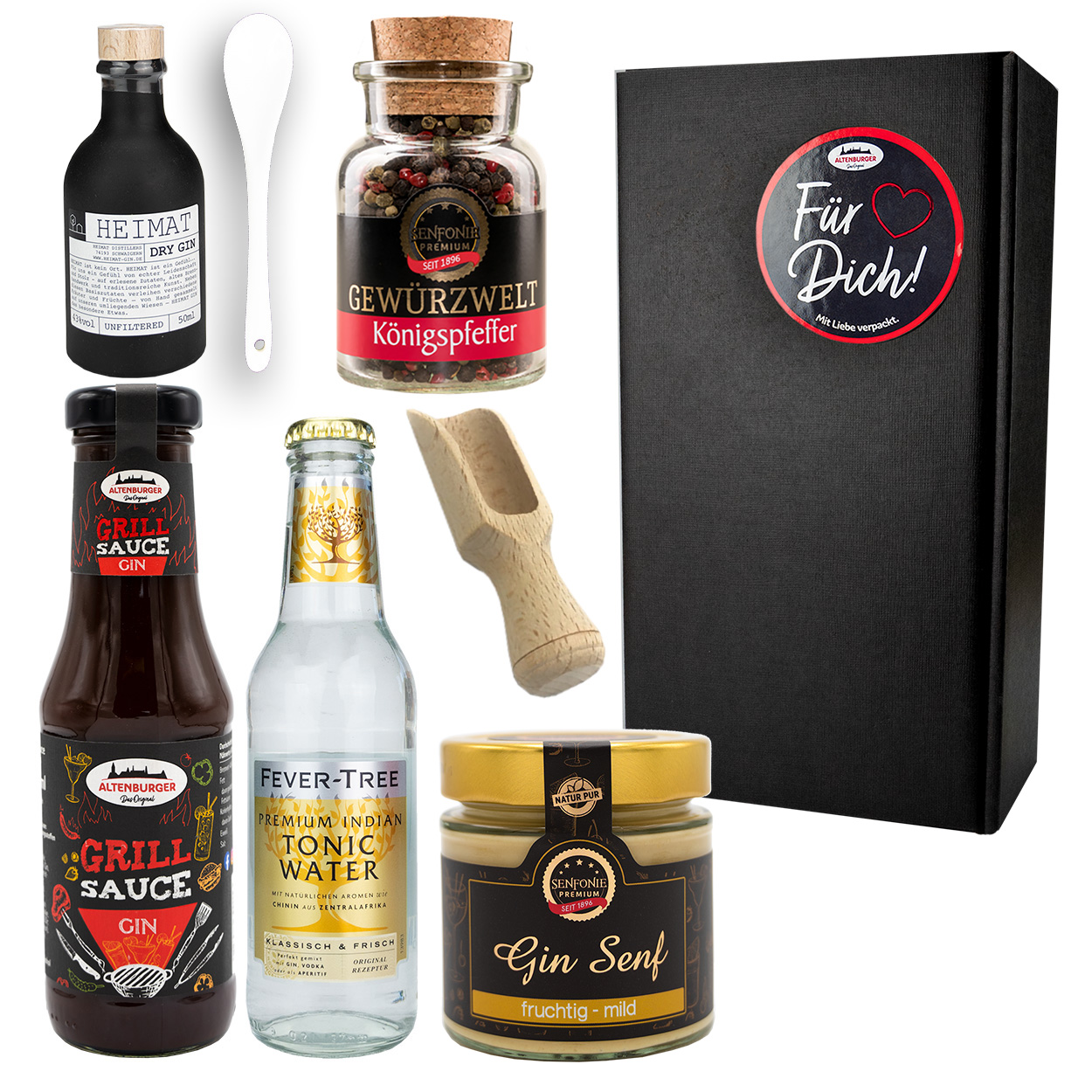 Geschenbox mit Gin Sauce, Gin Senf, Heimatgin, Tonic uns Zubehör