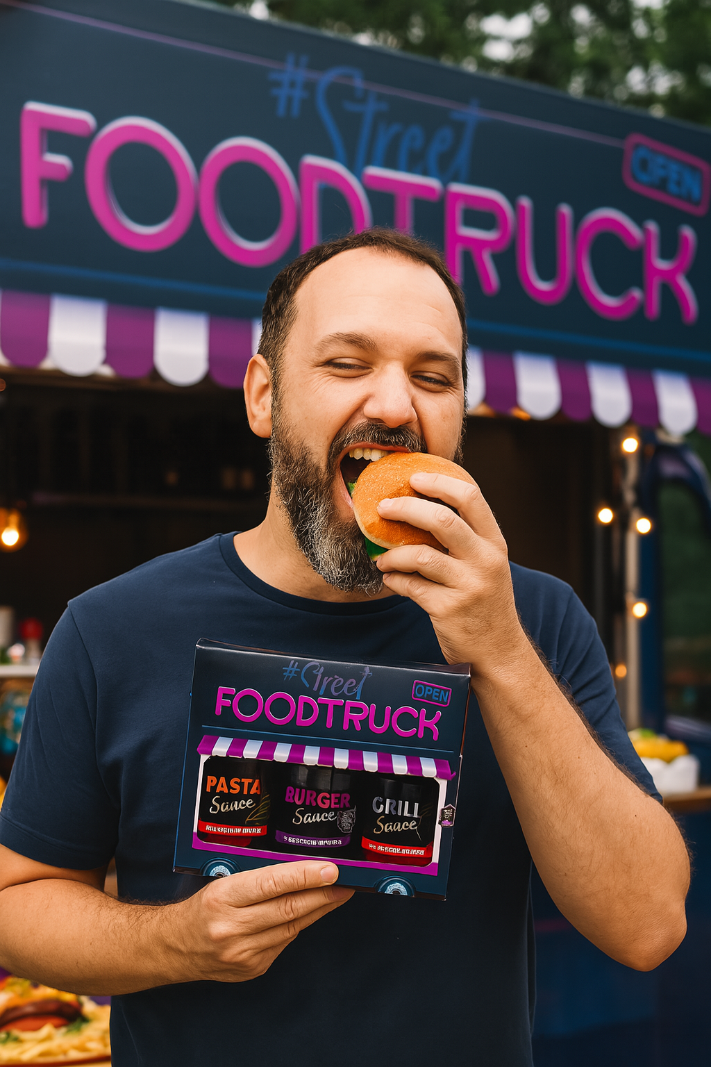 foodtruck mit glücklichem mann mit burger