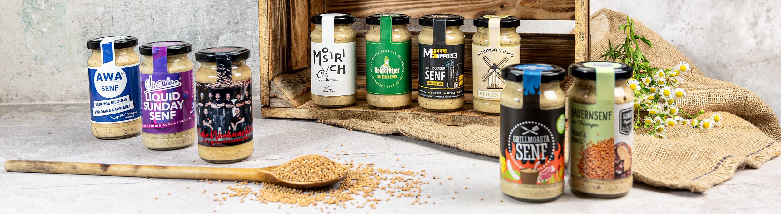 Deko Senfsorten eigenes firmenetikett