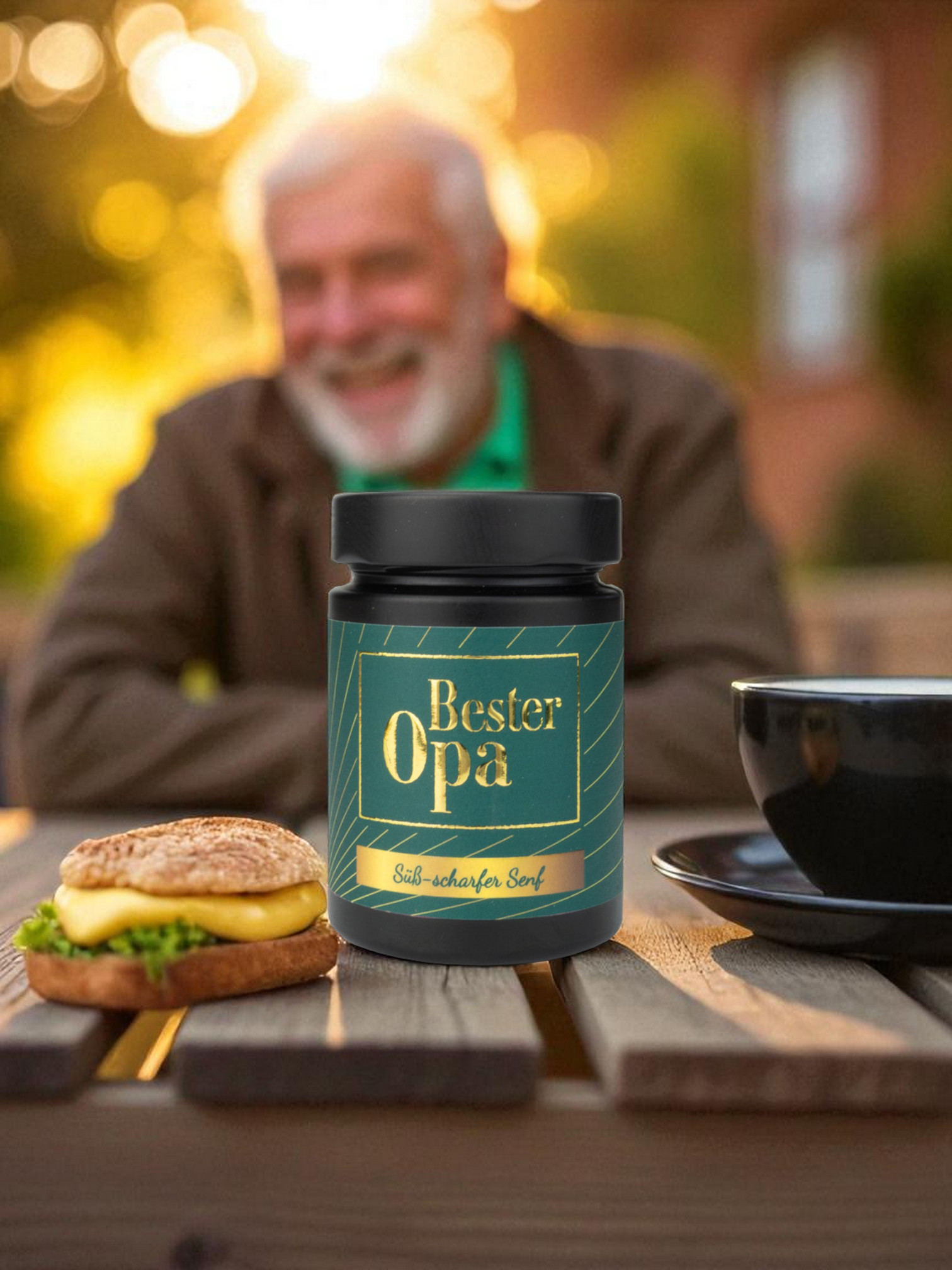 bester opa senf mit fröhlichem opa im hintergrund