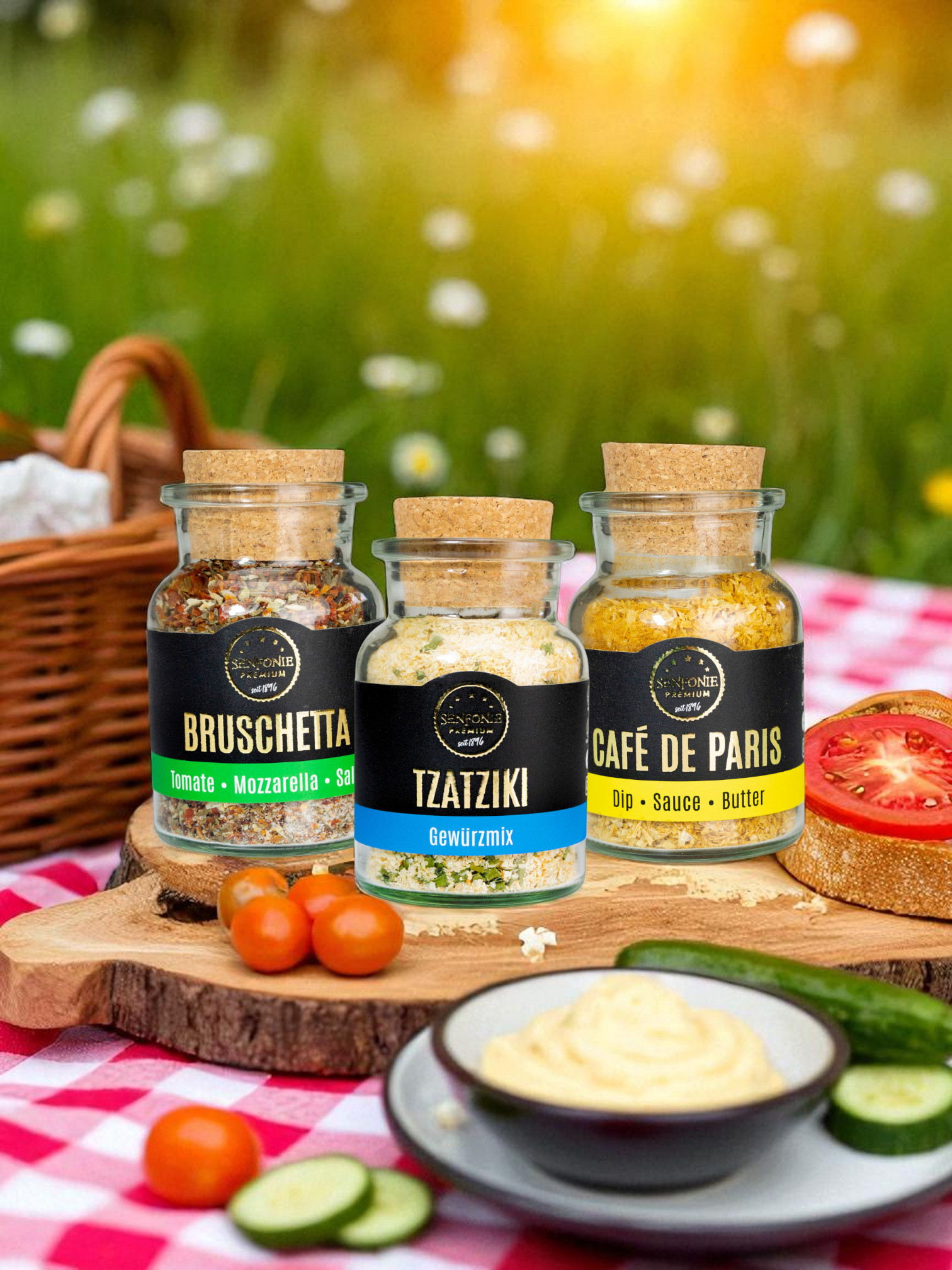 Klassiker Box Gewürze Bruschetta, Tzatziki, Cafe de Paris auf Picknick Decke