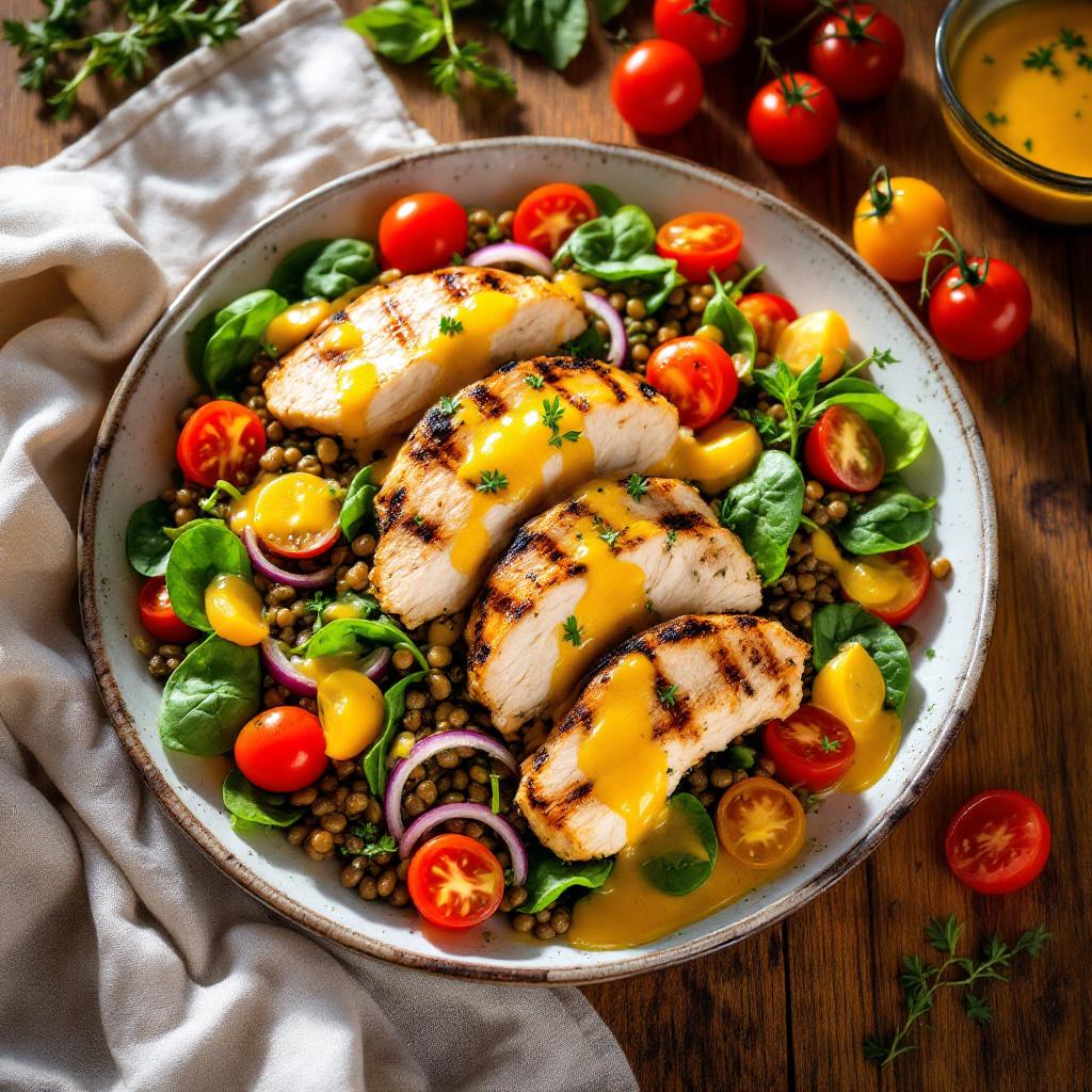hähnchenfilet auf salat und linsen