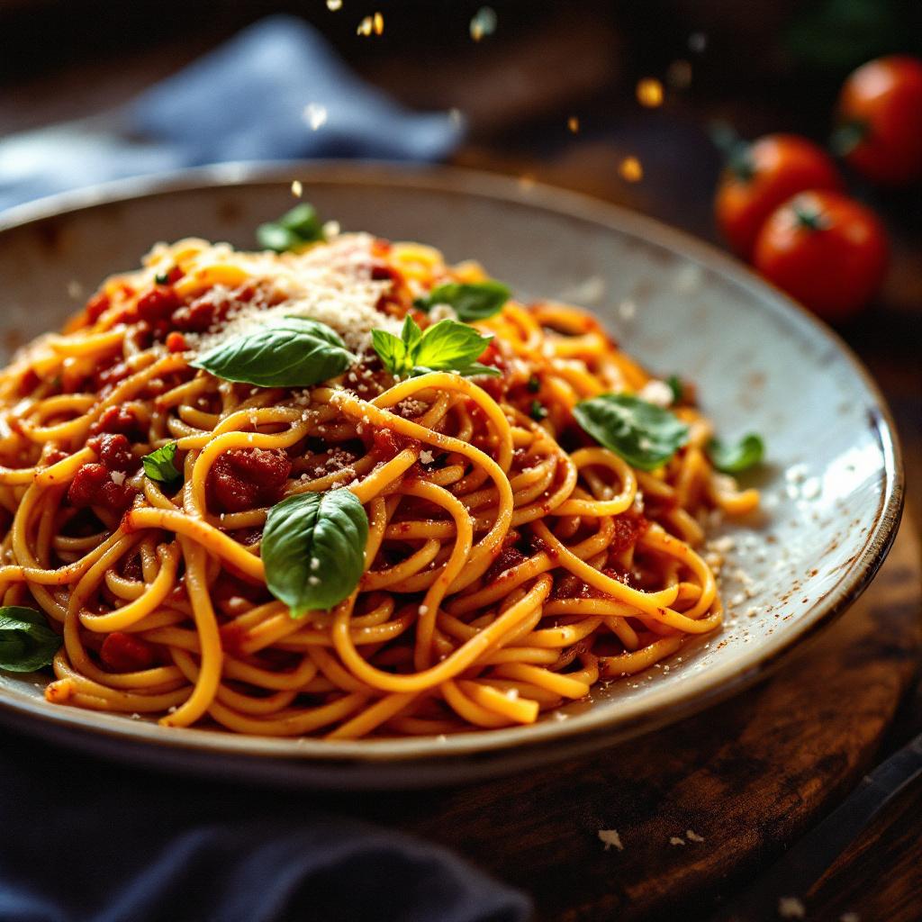 spaghetti arrabiata gericht mit köstlichen spaghetti voller Sauce und frischem Basilikum