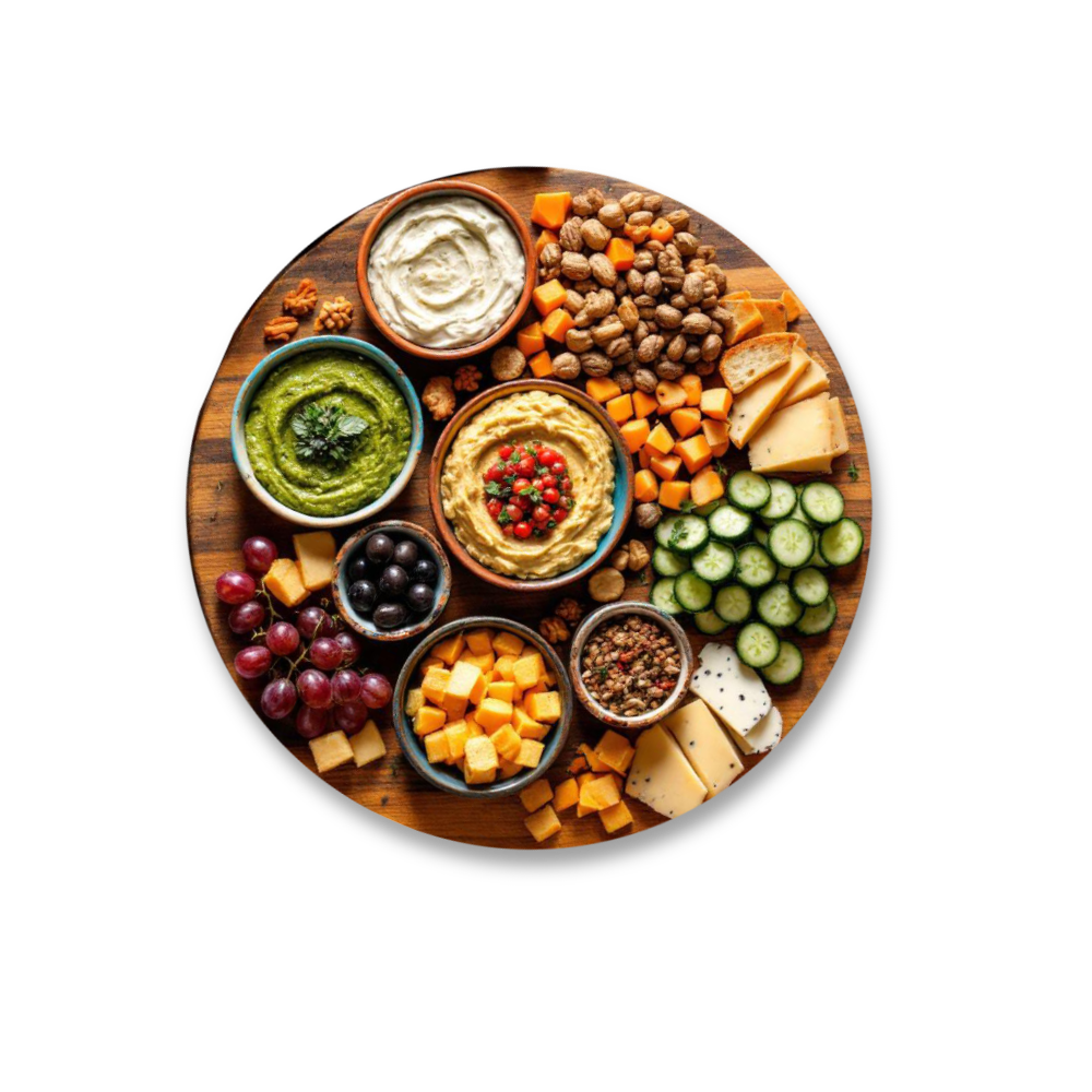Snackteller mit Dips, Käse, Obst und Gemüse