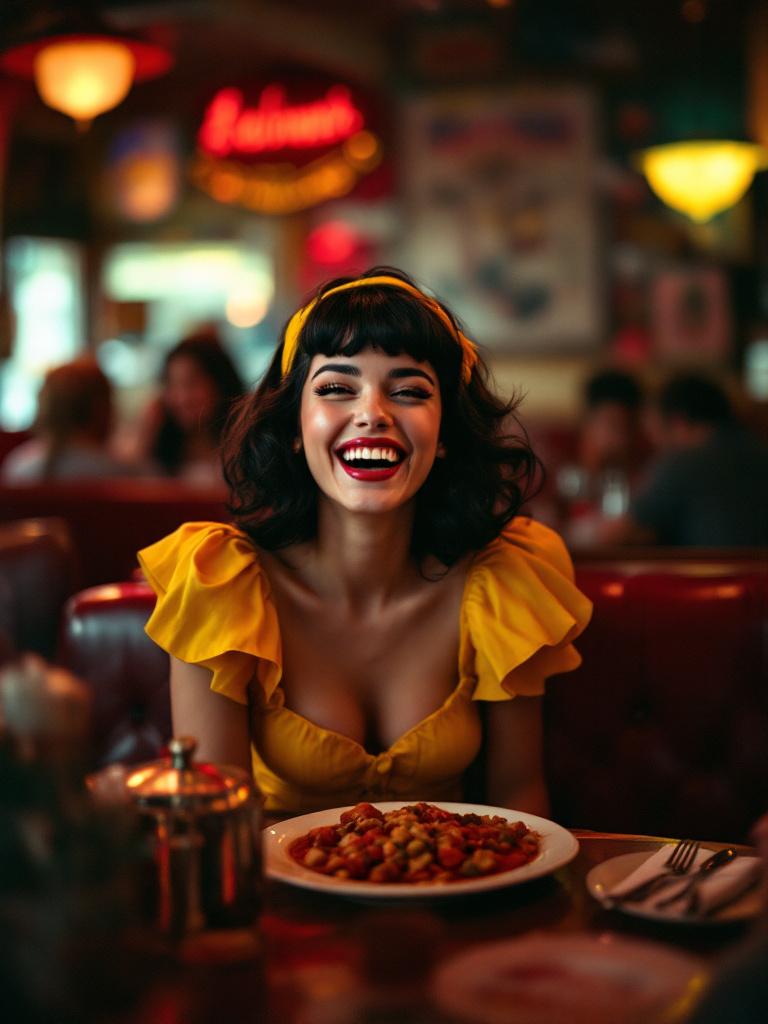 fröhliche frau mit pin up stile in einem diner