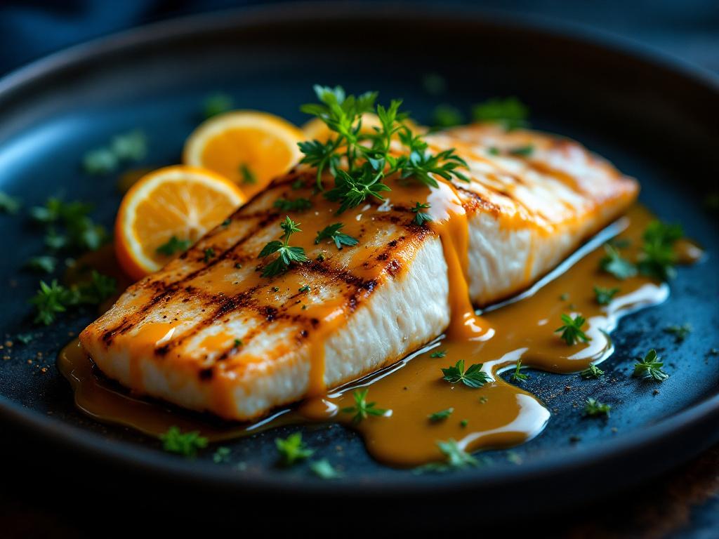 gegrillter fisch mit orangen fruchtsenf