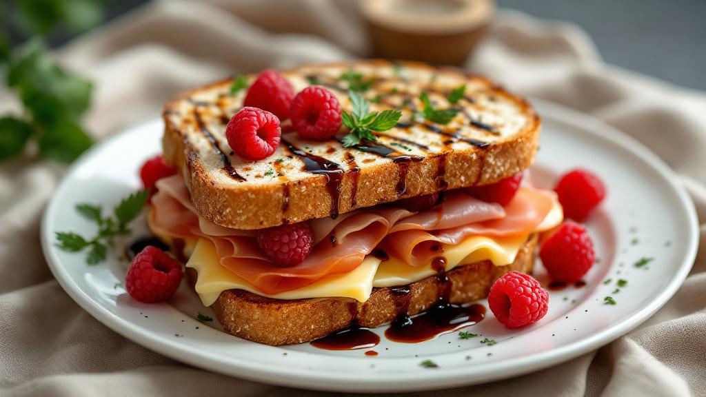 sandwich mit schinken käse und himbeeren