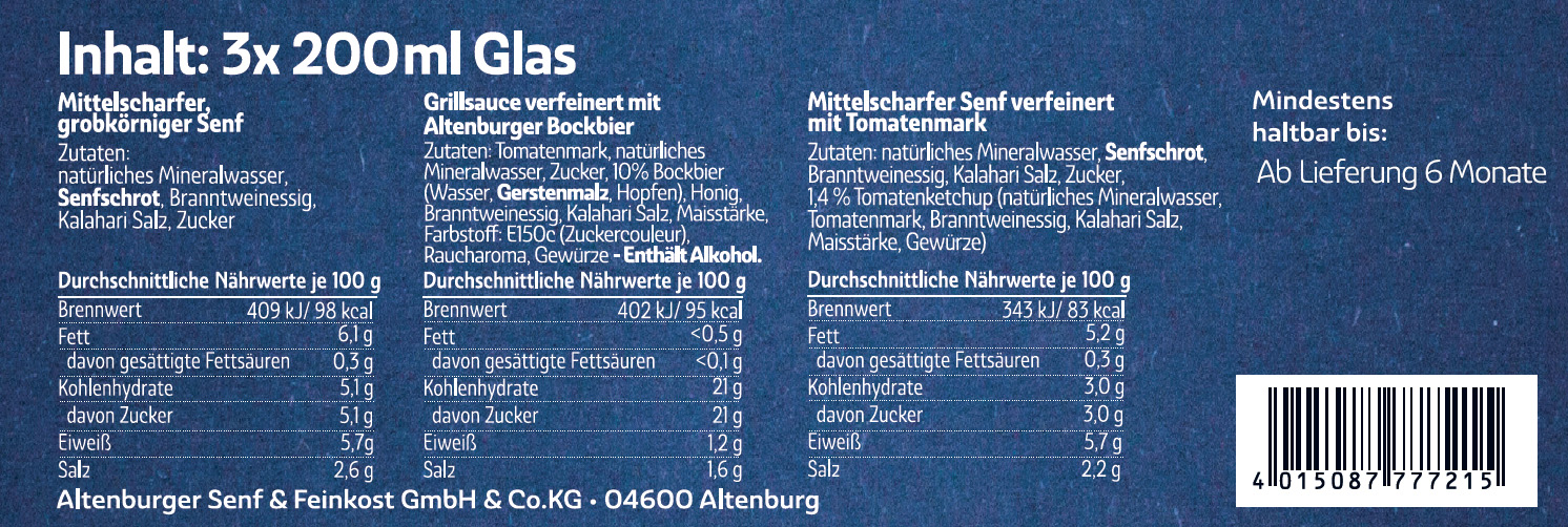 Inhaltsangaben Senf und Saucen für Geschenkidee Altenburg