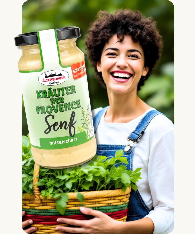 kraeuter der provence mit lachender frau mit kraeuterkorb kraeuter der provence senf mit lachender frau mit kraeuterkorb
