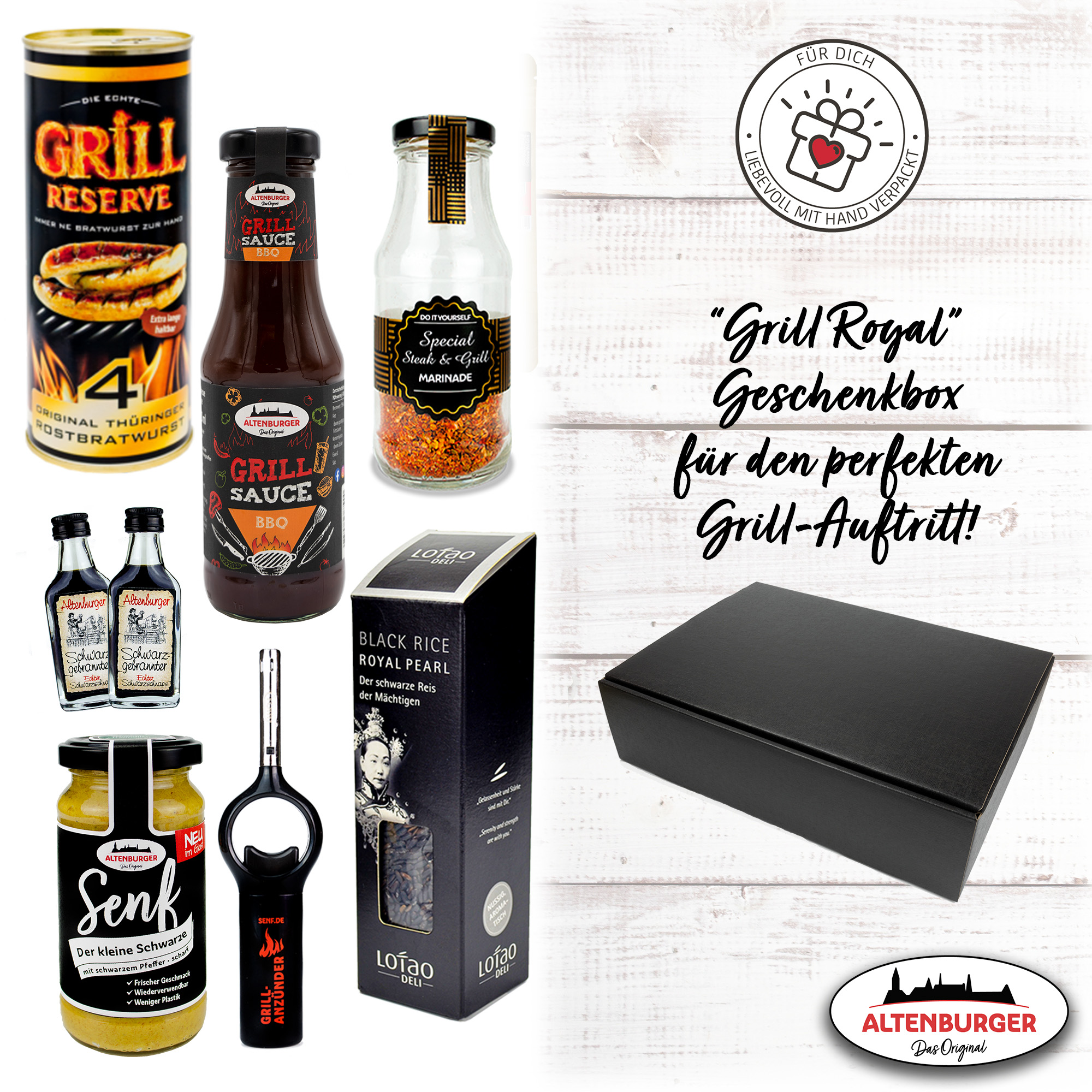 Grill-Royal-Geschenkbox-mit-Likor-Reis-Bratwurst-Senf-und-Sauce Grill-Bratwürstr, Reis, Sauce und Senf - das perfekte Geschenk für alle Grillfans