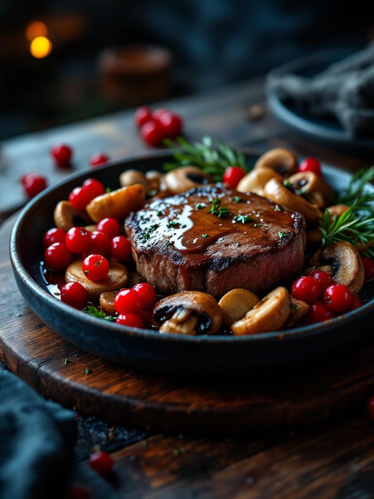 wildgericht auf pilzen mit cranberries