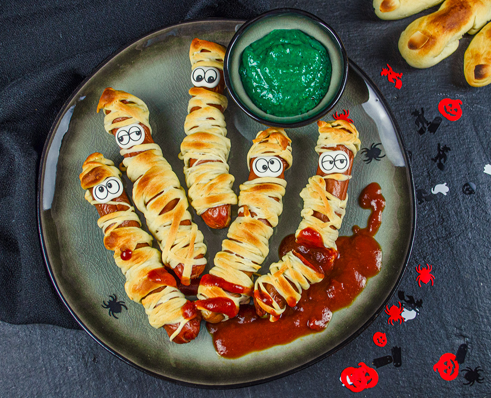 halloween mumien würstchen Halloween-Mumien mit Zombie Schleim