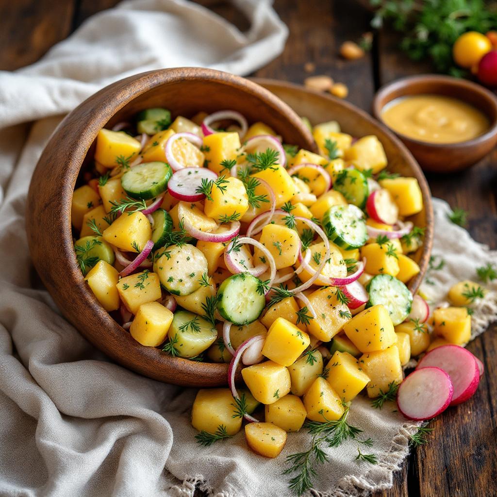 kartoffelsalat mit zwiebeln, gurken, radieschen udn kräutern