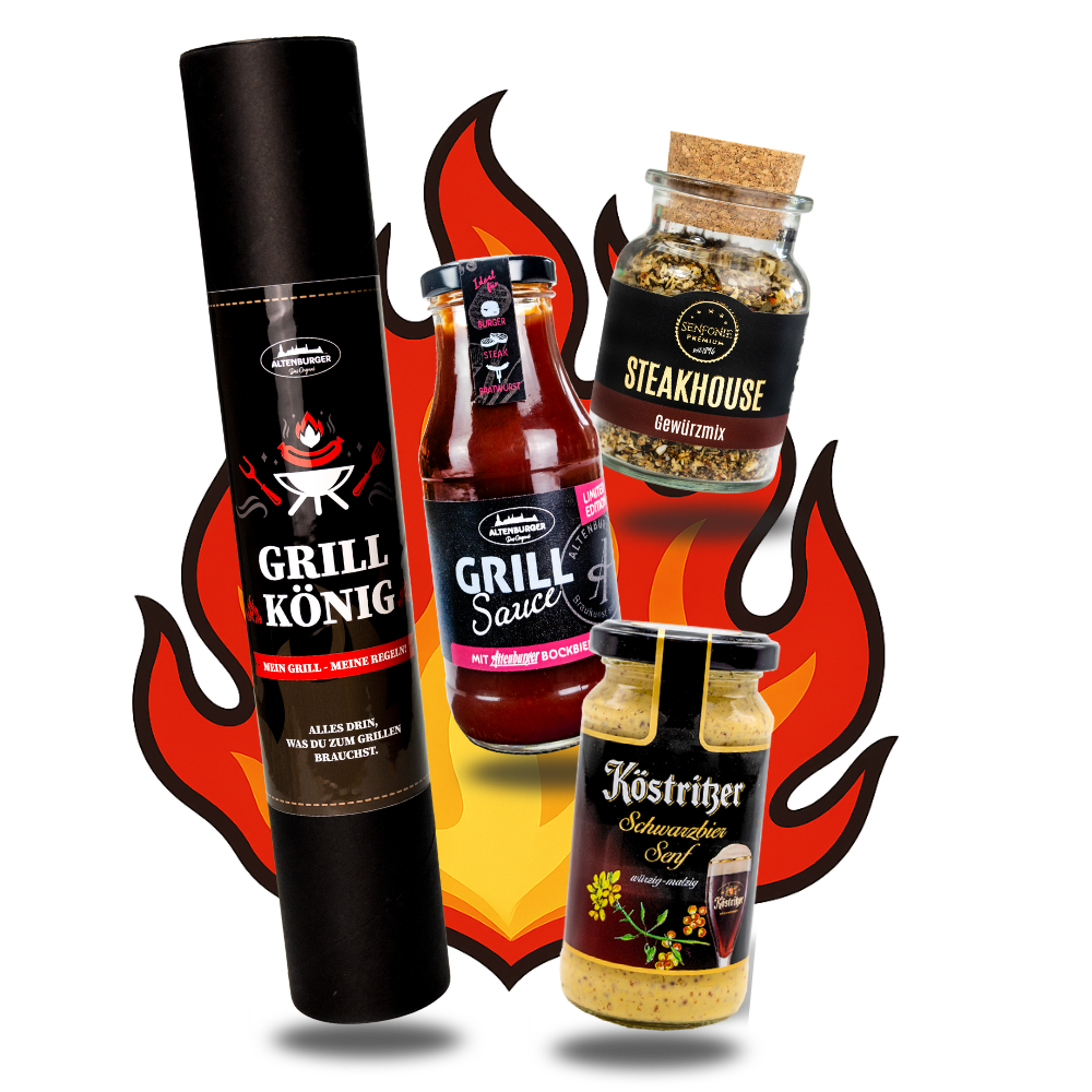 geschenkrolle grillkönig mit grillsauce, steakhouse gewürzmix, schwarzbier senf
