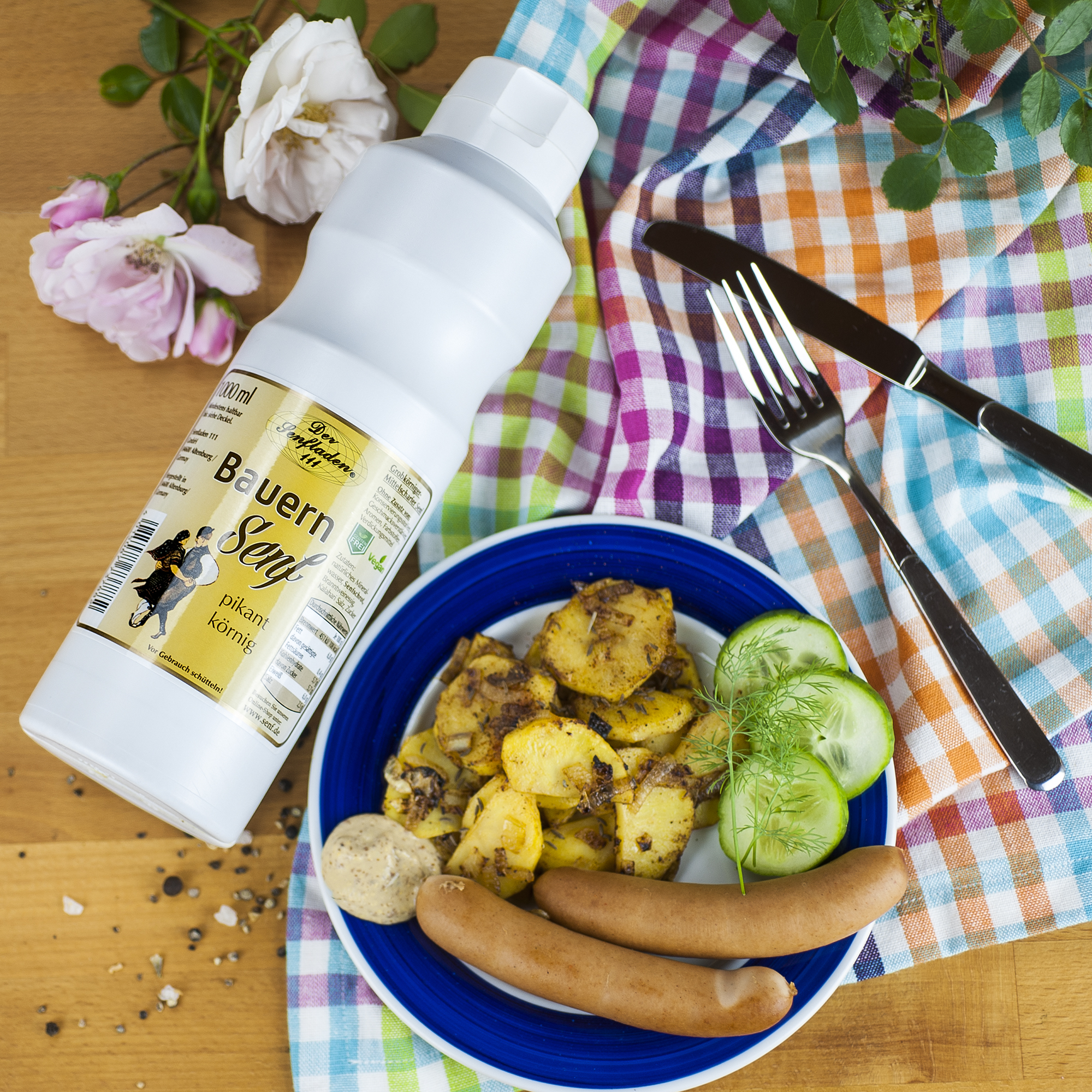 Bauernsenf mit Bockwurst und Bratkartoffeln