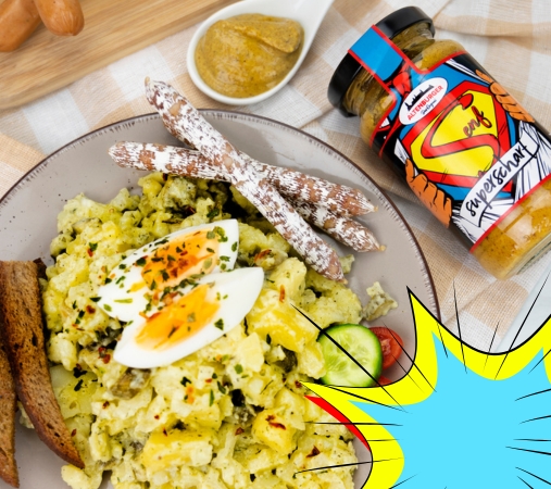 superscharfer senf mit kartoffelsalat und wuerstchen