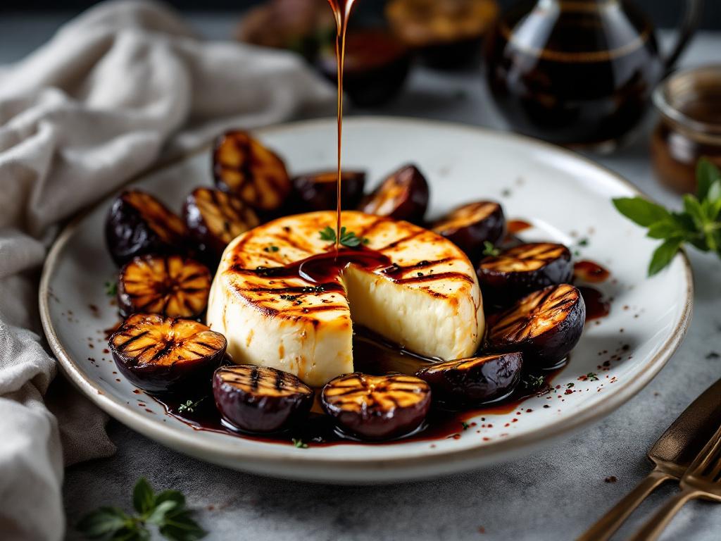 grillkaese mit gegrillten pflaumen und balsamico