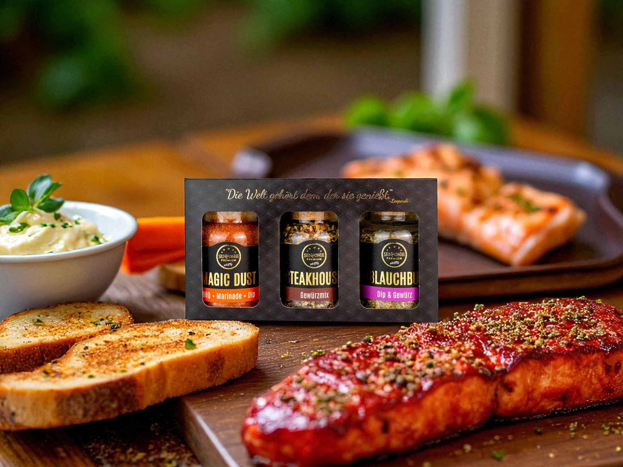 Premium Grillgewürz Box mit Steak, geröstete, Brot und Dip
