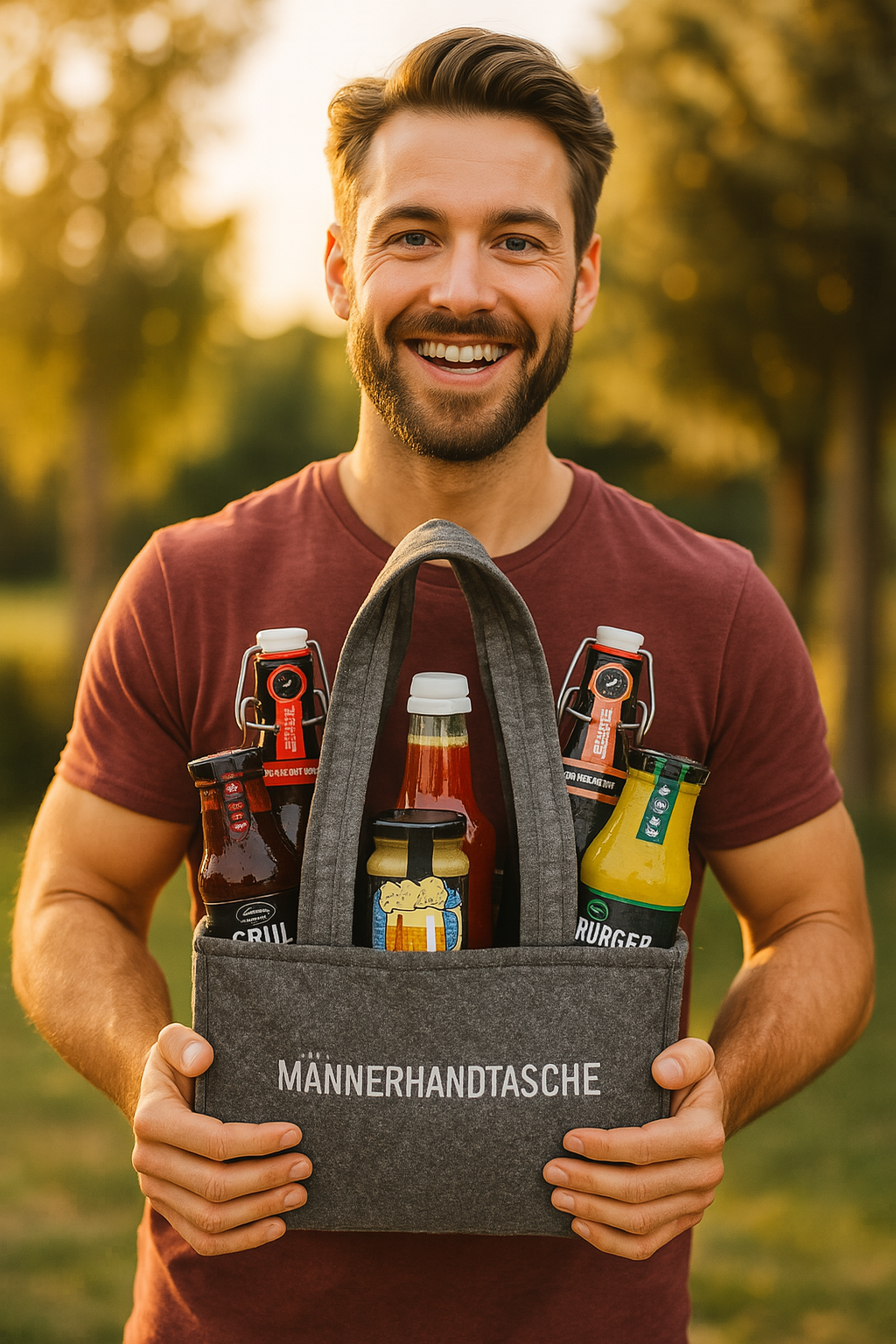 fröhlicher mann mit männerhandtasche
