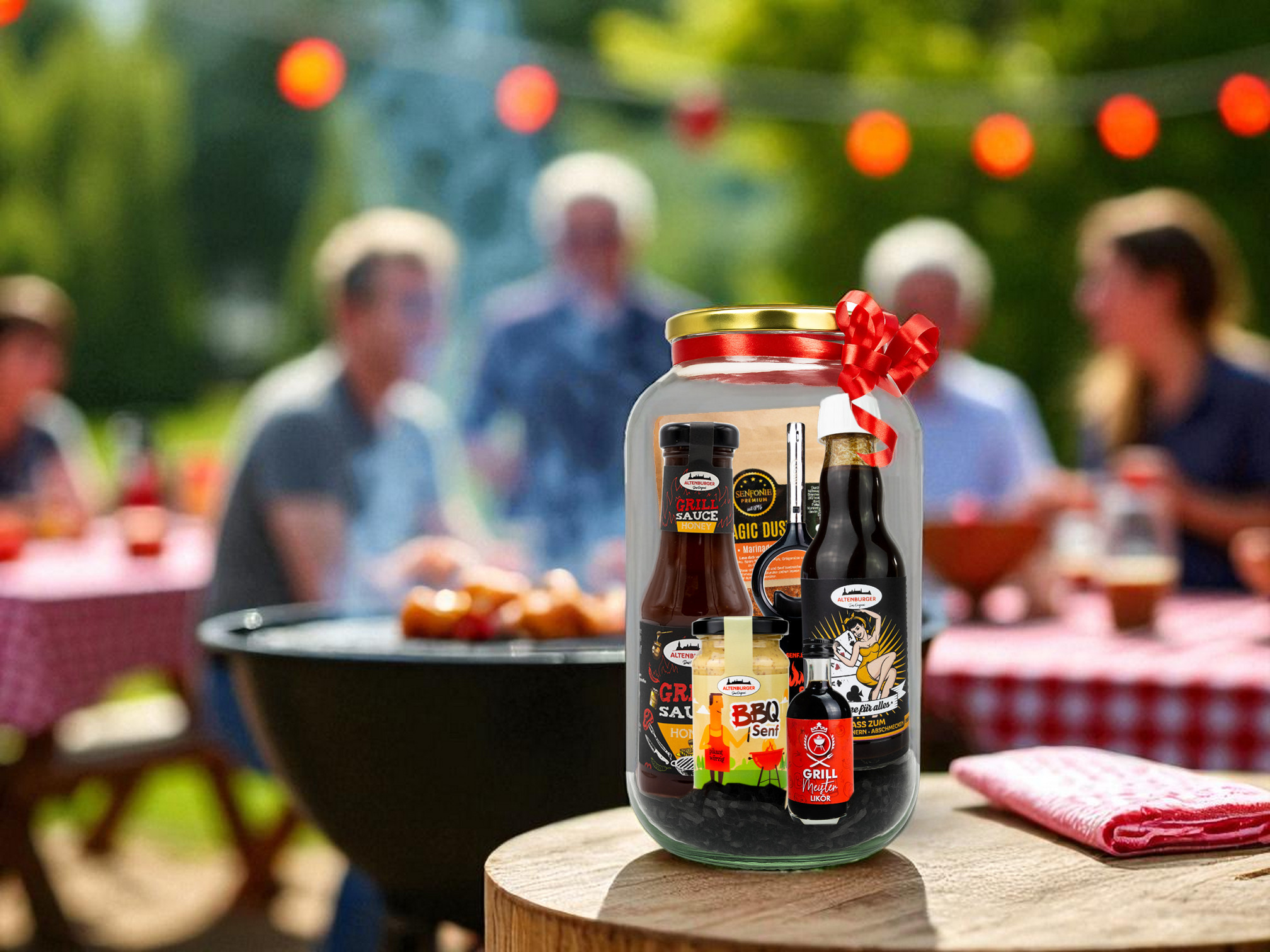 xxl grill edition glas - geschenkidee, grillparty mit grill und menschen