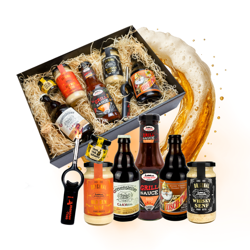 geschenk mit bier, senf, sauce Altenburger Geschenk zum Vatertag, Geburtstag, Männertag
