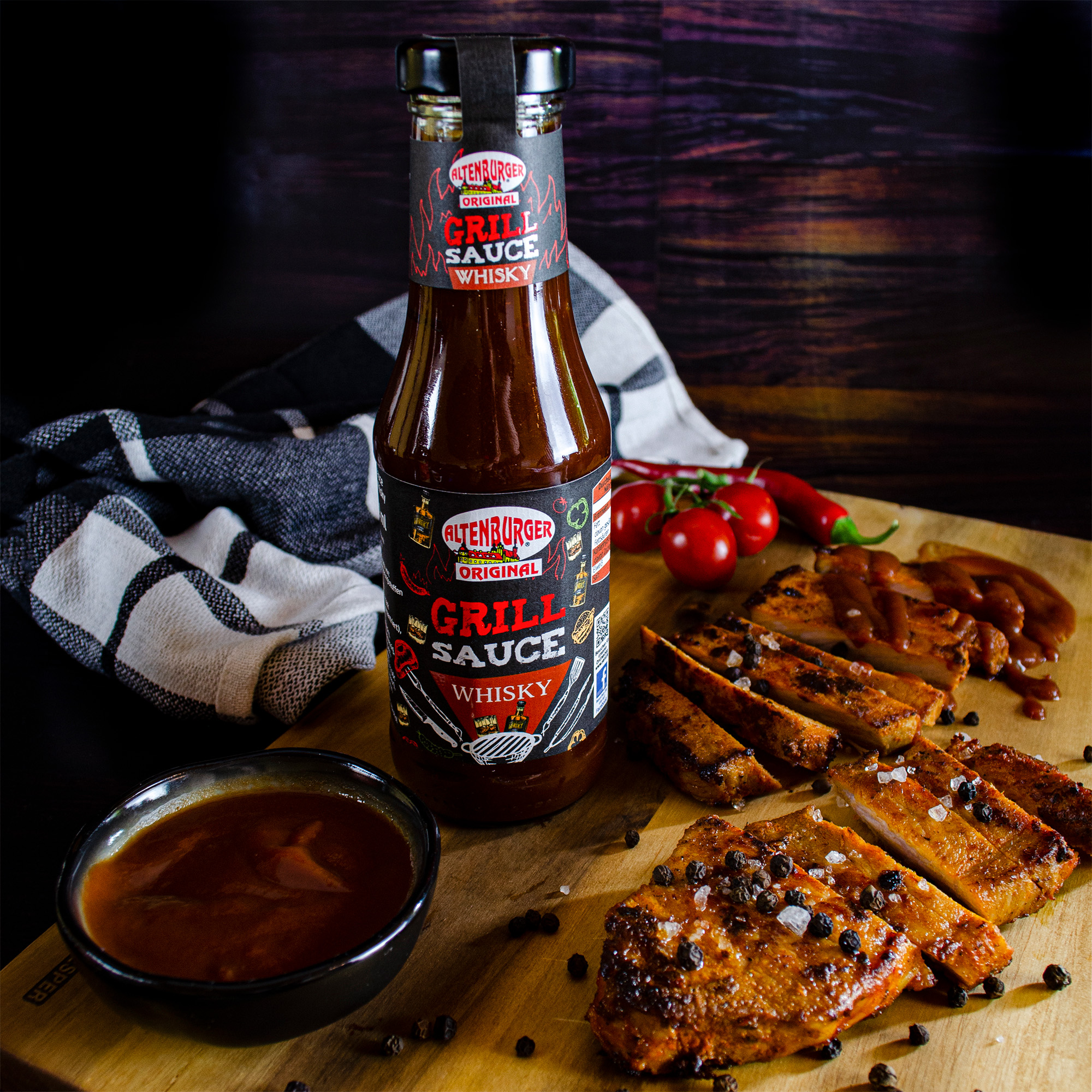 Mannerhandtasche-Senf-Saucen-Grill-Sauce-Whisky Grillsauce Whisky und Steak