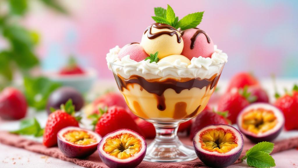 bunter eisbecher mit sahne, sauce, maracujas und erdbeeren