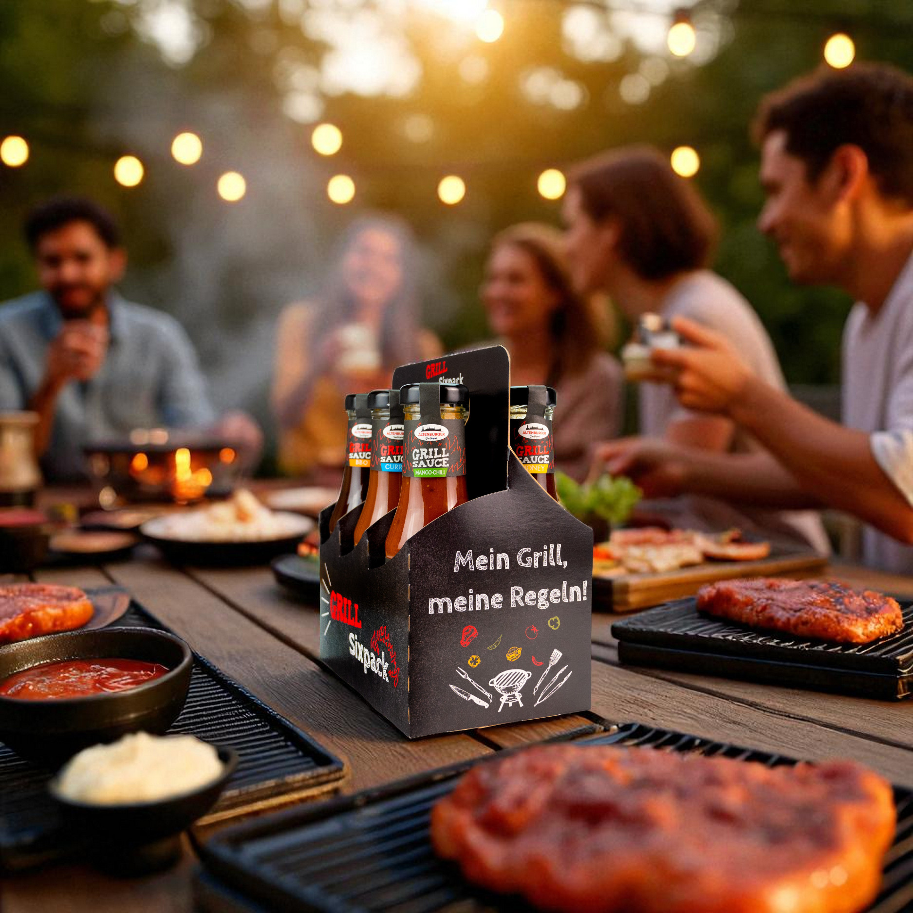 deko grillsaucen sixpack mit fleisch, fröhlichen menschen deko grillsaucen sixpack