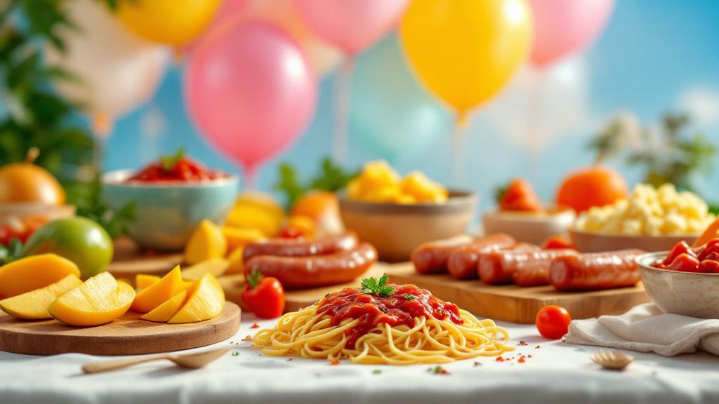 bunter geburtstagstisch mit spaghetti, würstchen und mango