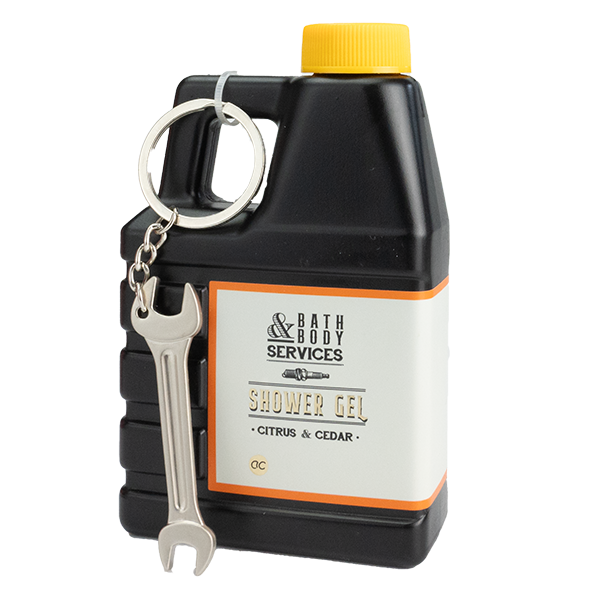 Duschgel in Form eines Ölkanisters mit Anhänger