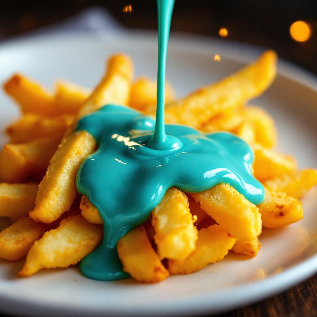 pommes mit türkisen-blauen senf