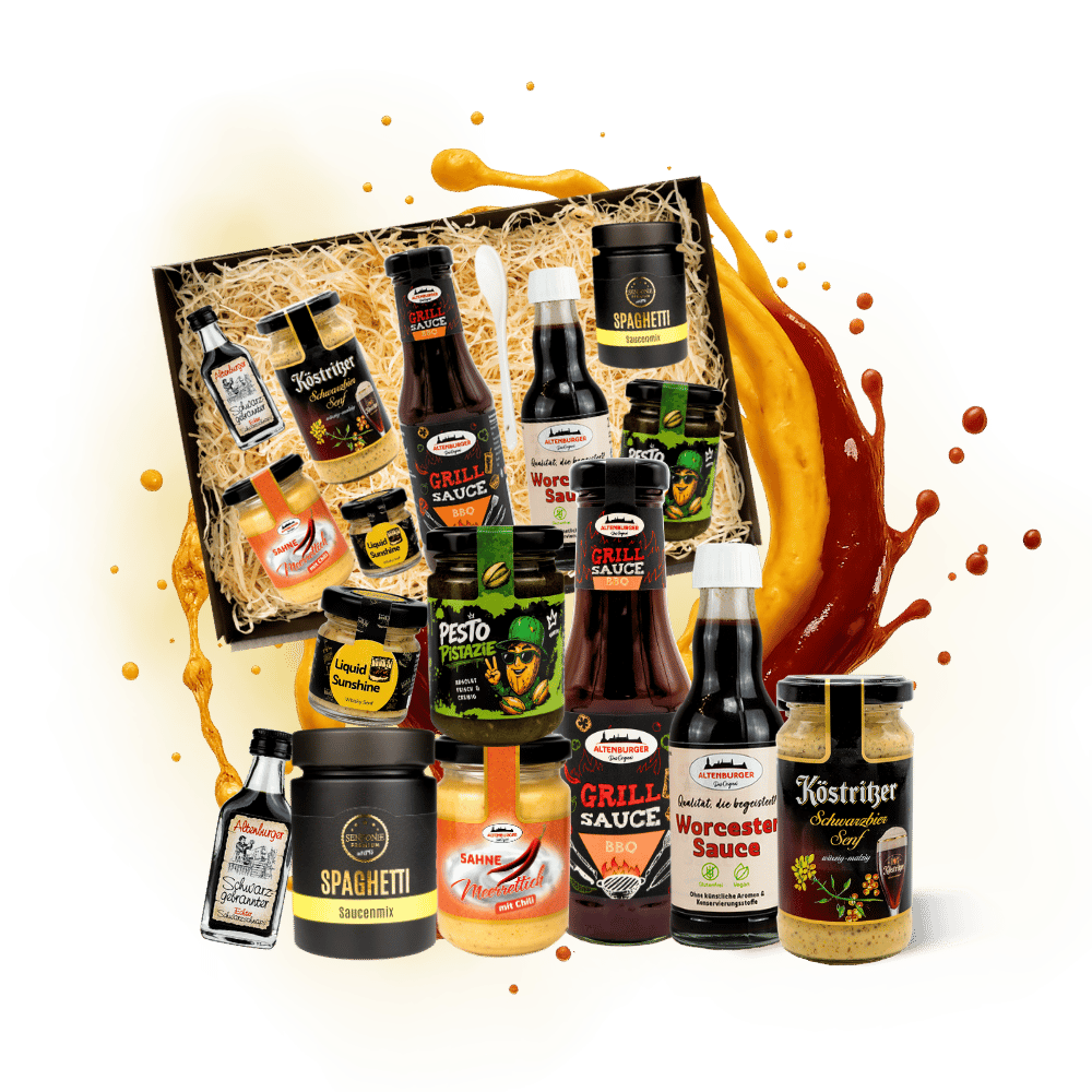Geschenk für Männer gefüllt mit Saucen, Senf und Schnaps