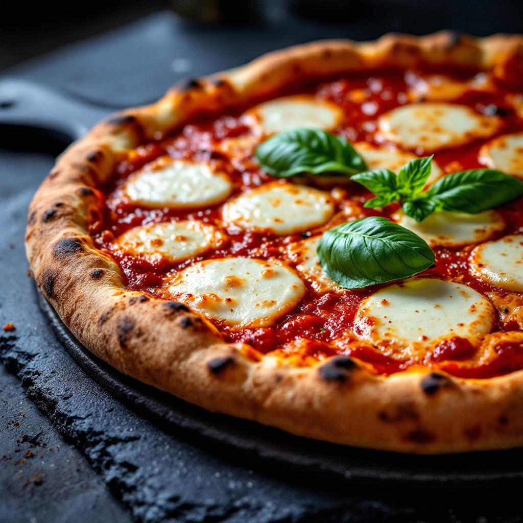 frische Steinofen pizza mit Mozzarella und frischem Basilikum als Garnitur