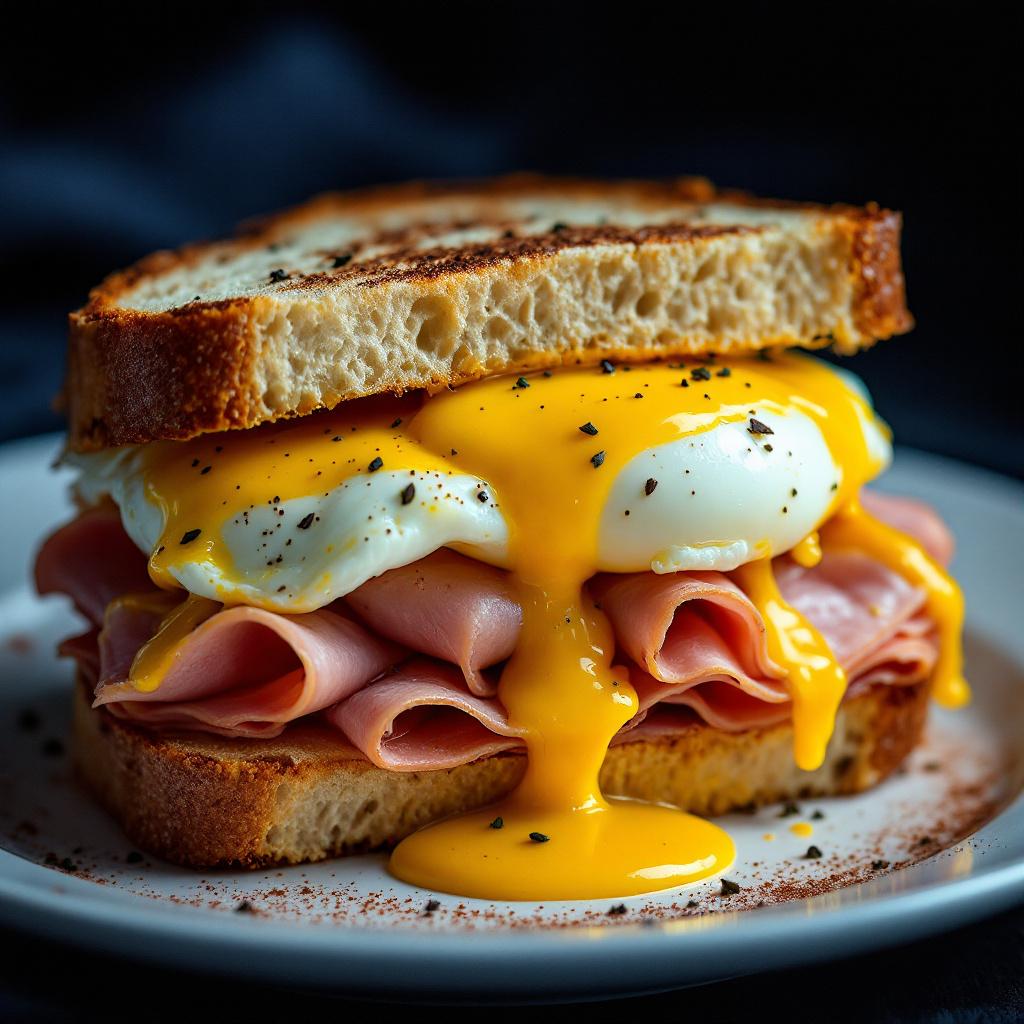 sandwich mit schinken, ei und senfsauce