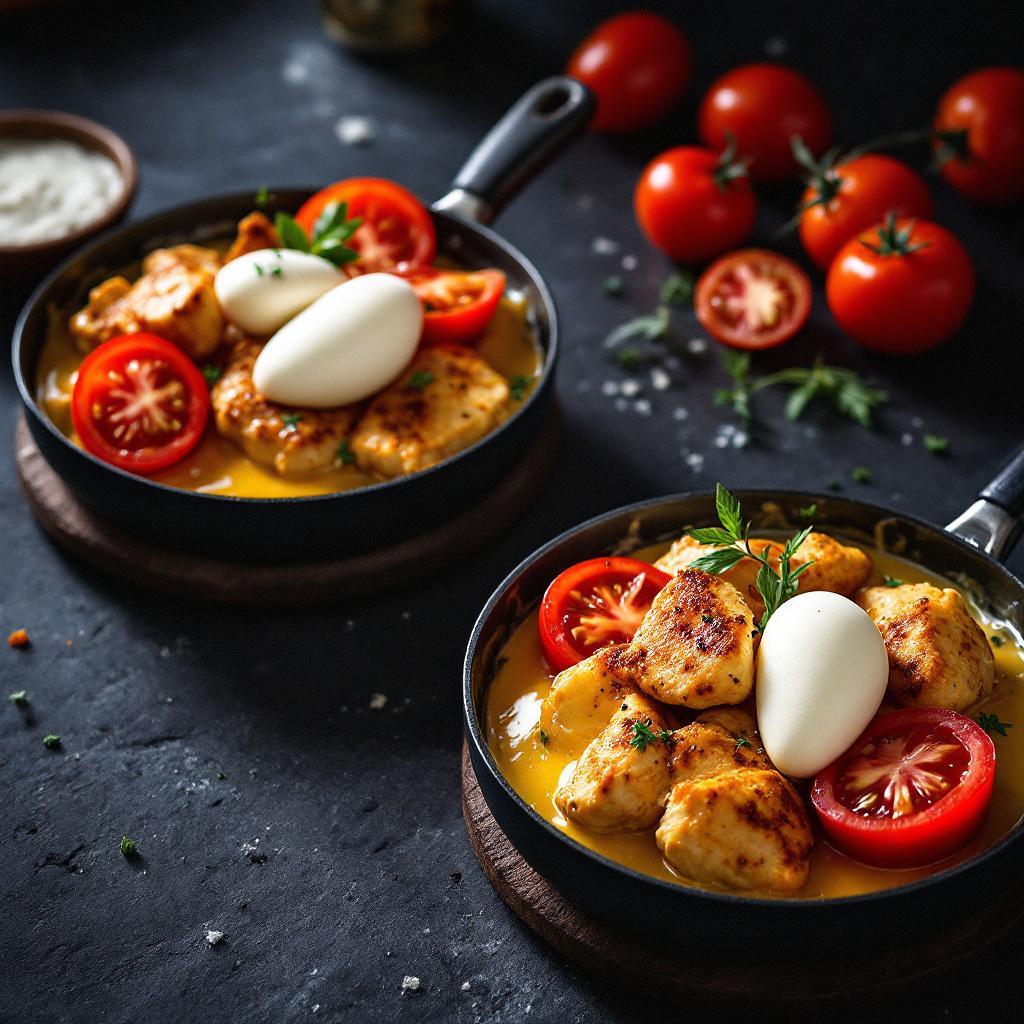 Raclettepfännchen mit Sauce, Hähnchen, Tomaten und Mozzarella