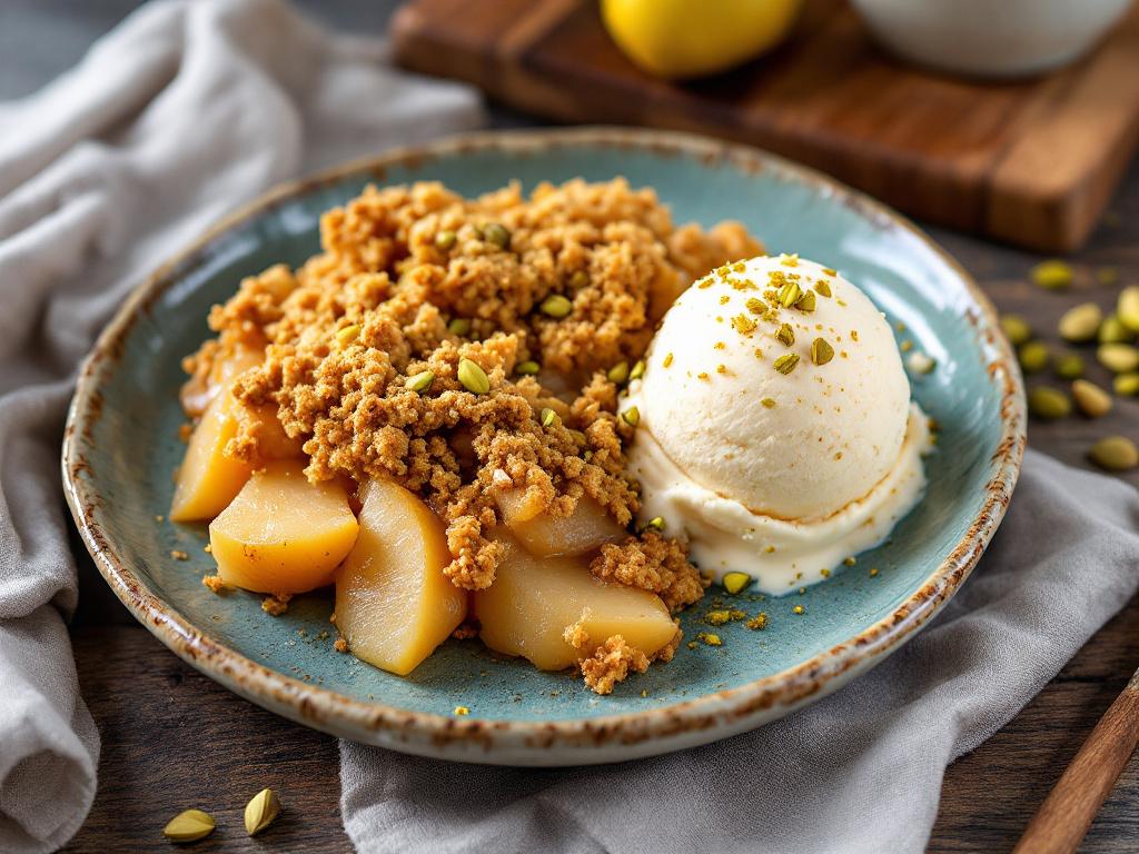 birnencrumble mit honigeis