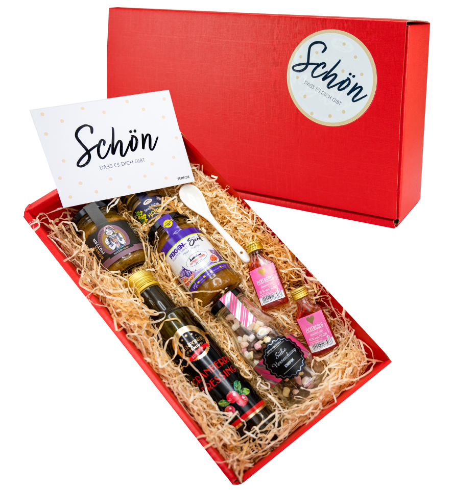 33540-Geschenk-fur-dich-mit-Box Geschenk zum Muttertag, Geburtstag, als Dankeschön mit reotem Geschenkkorb "Schön, dass es dich gibt"-Sticker