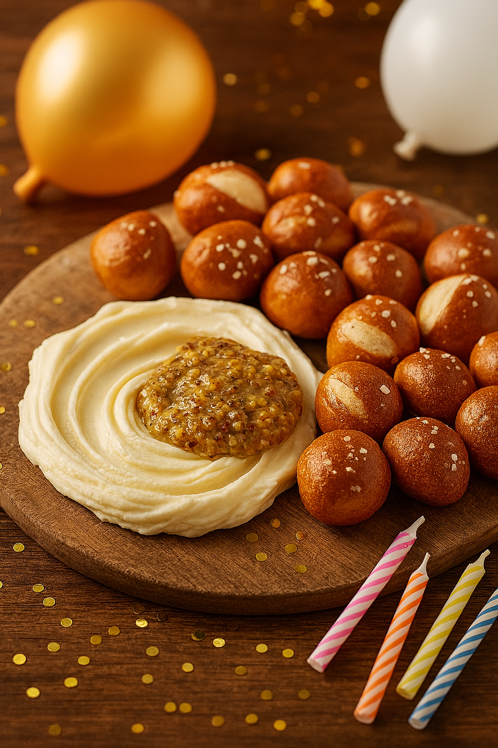 laugenbällchen mit butter, körnigem senf und luftballons
