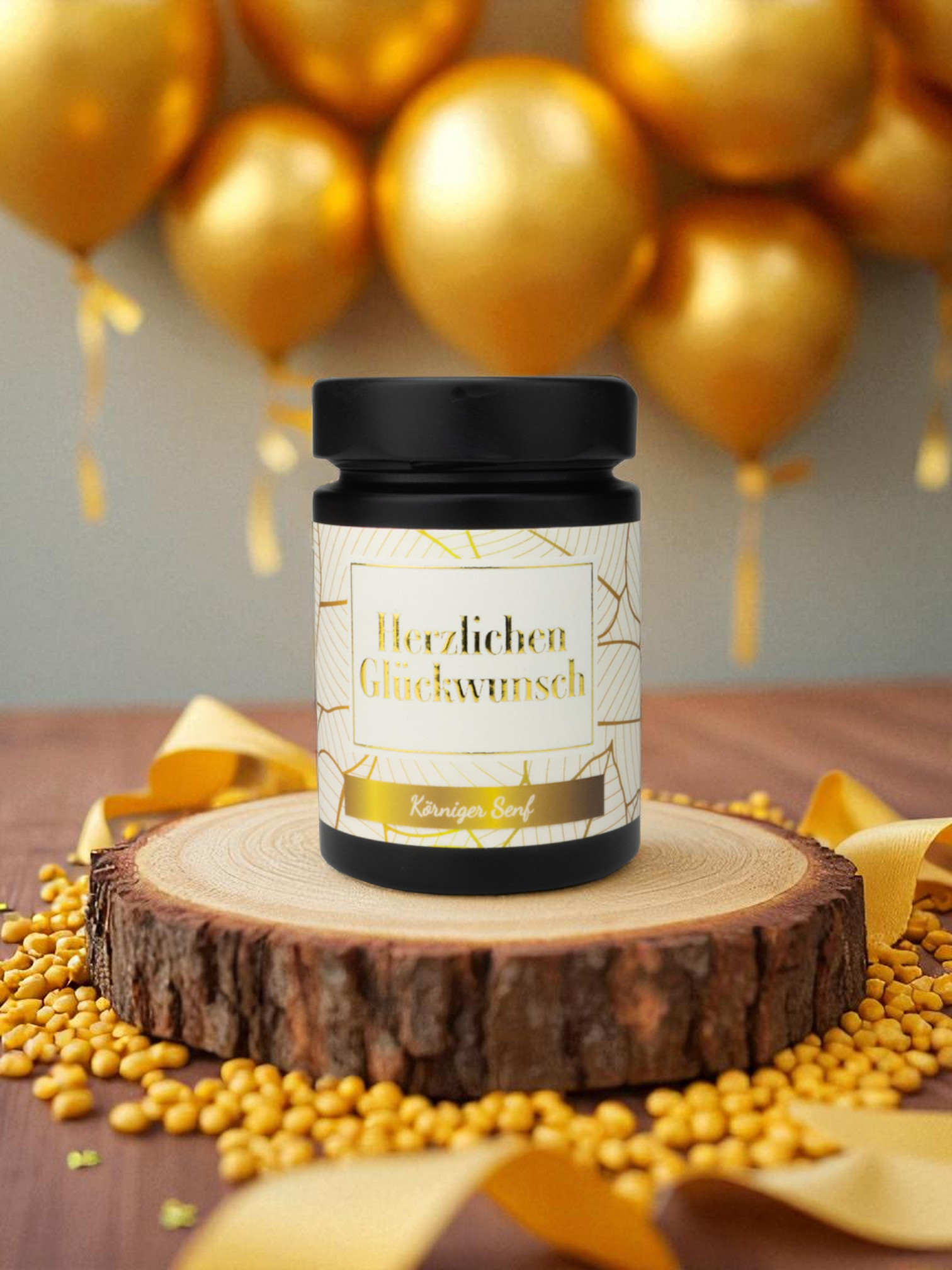 herzlichen glückwunsche senf, dekobild mit senfkörnern, geschenkband und goldenen luftballon