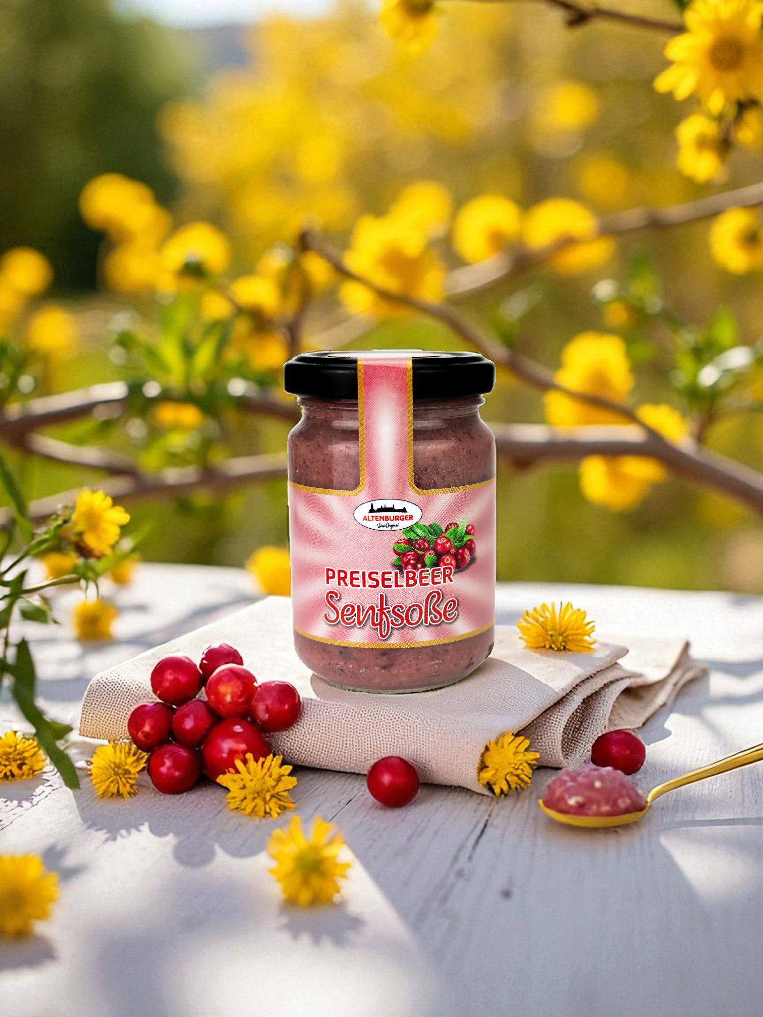 preiselbeer senfsosse vor senffeld und preiselbeeren