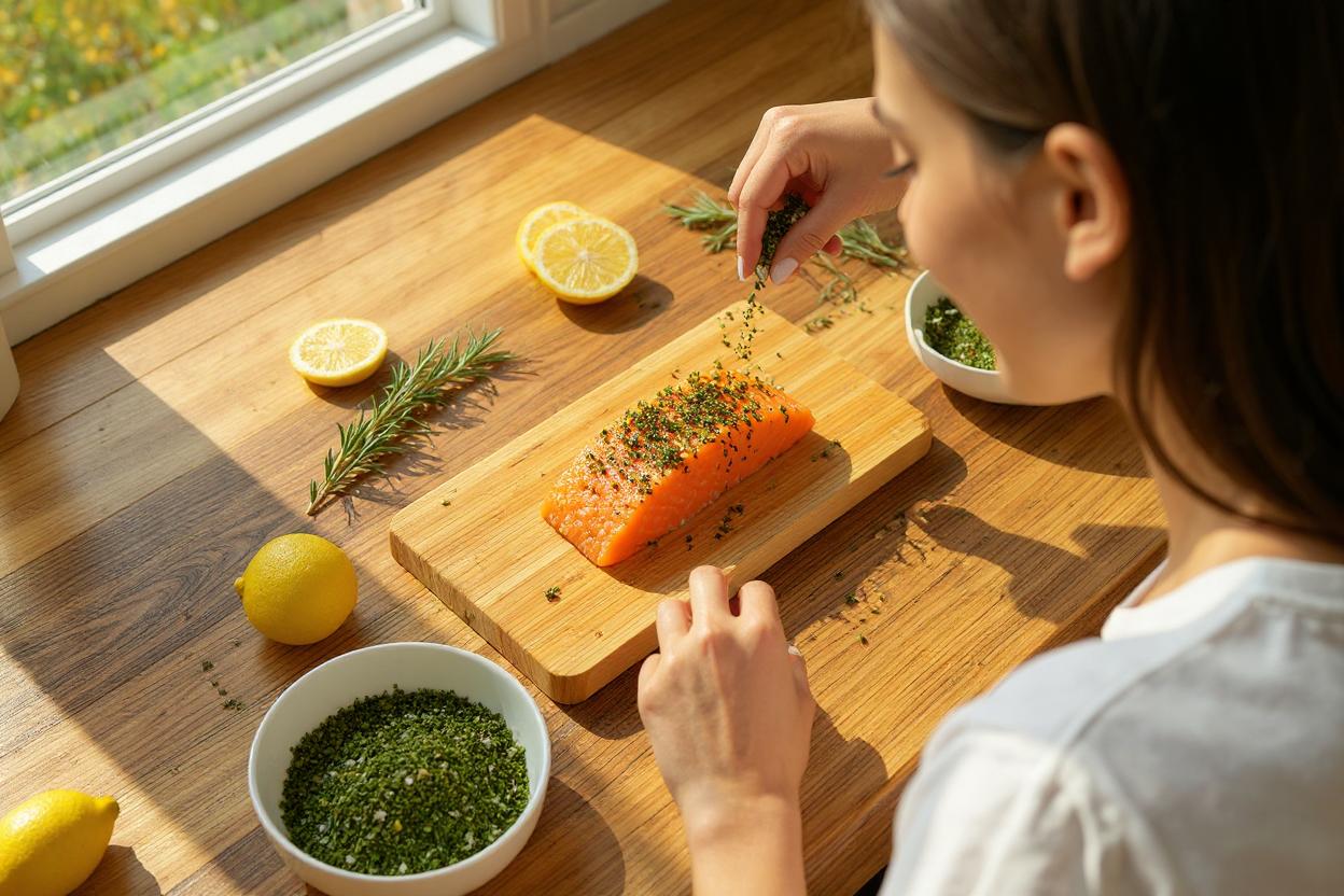 kraeuter dill auf lachs streuen kraeuter dill auf lachs streuen