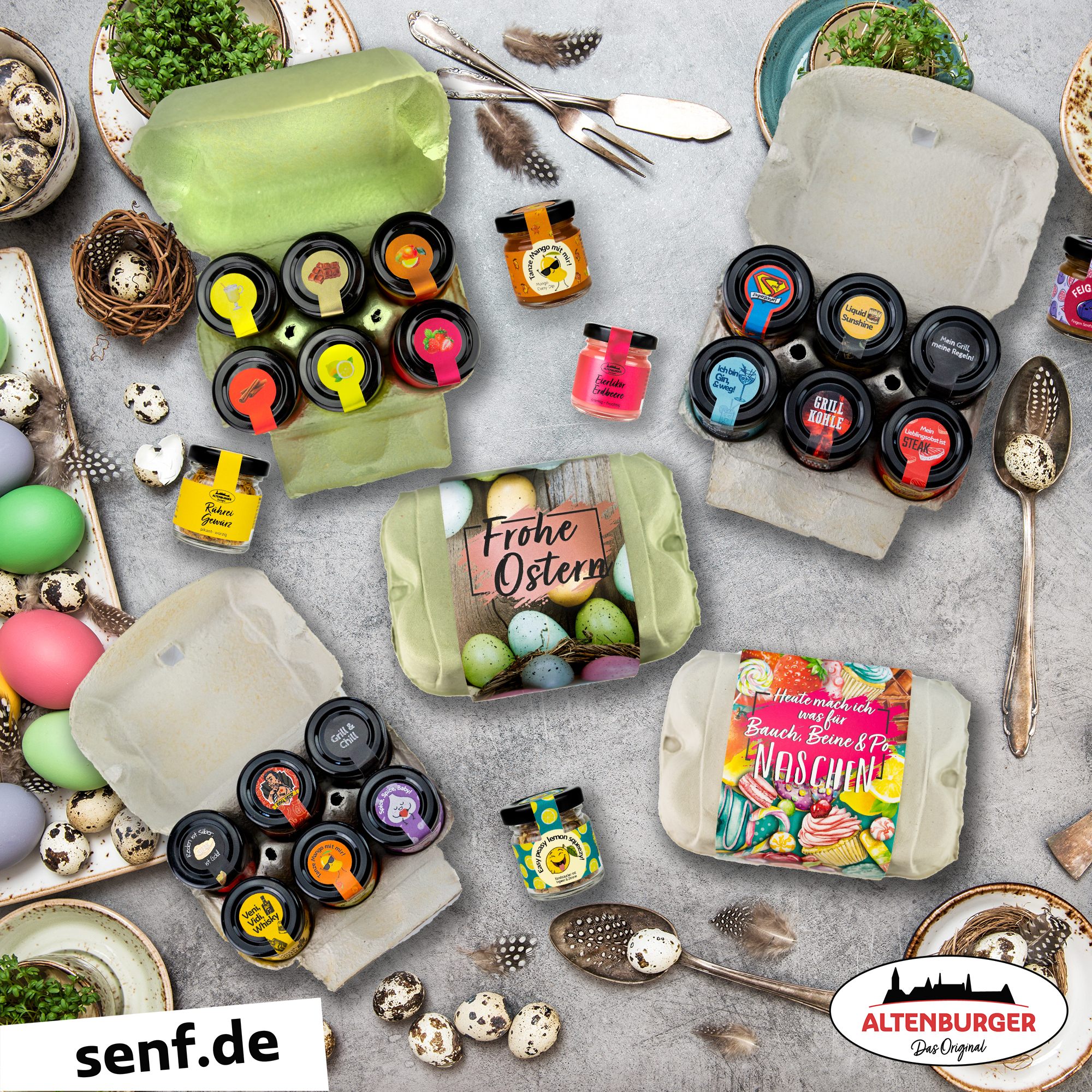 Entdecke alle unsere Geschenksets - Sieben Designs - Gefüllt mit Senf, Saucen, Gewürzen
