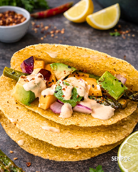 Knusprige Spargel-Tacos mit Mutprobe Senf & Senföl