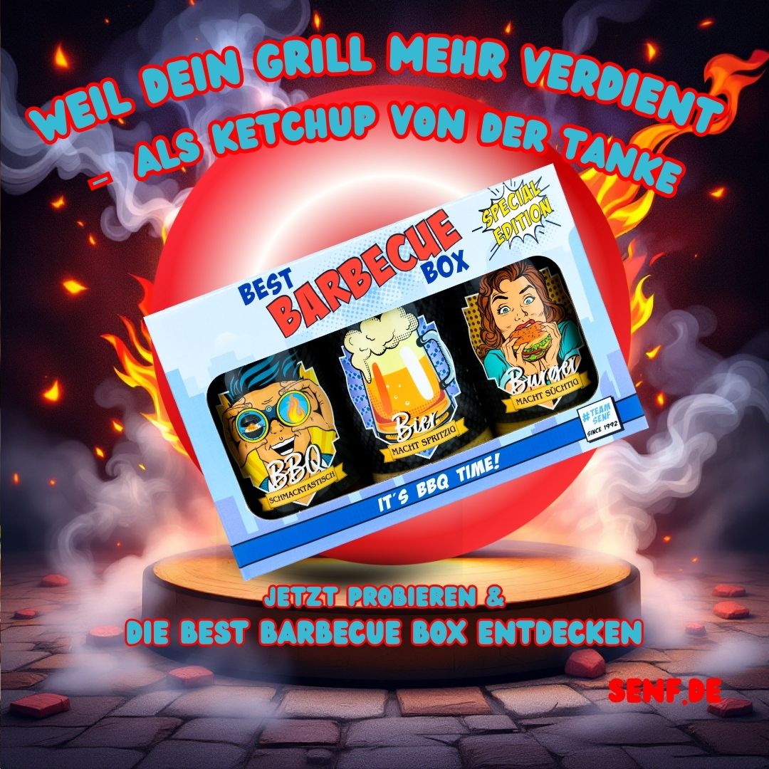 Best Barbecue Box mit drei coolen Saucen im Comic Style Best Barbecue Set mit drei coolen Saucen im Comicstyle